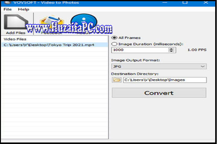 VovSoft Video to Photos interface showing video timeline and frame selection tools